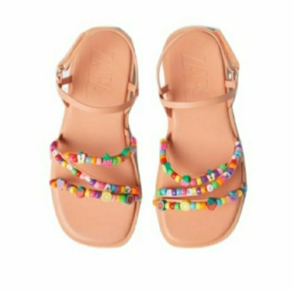 ZARA Girls Multicolor Beaded Flat  Sandals - Adjustable Strap Size 2 33